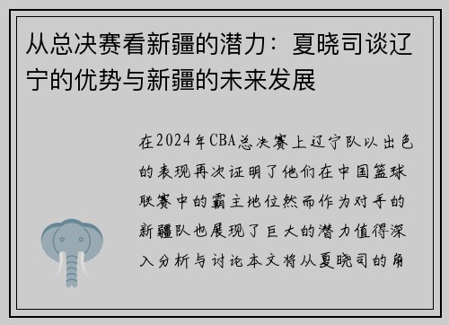 从总决赛看新疆的潜力：夏晓司谈辽宁的优势与新疆的未来发展