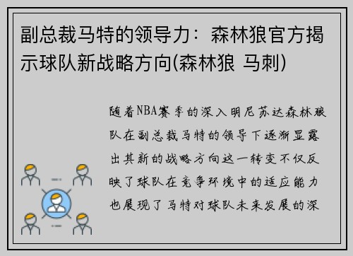 副总裁马特的领导力：森林狼官方揭示球队新战略方向(森林狼 马刺)