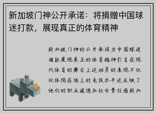 新加坡门神公开承诺：将捐赠中国球迷打款，展现真正的体育精神