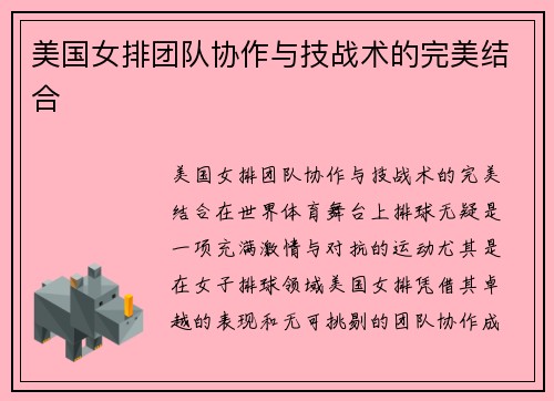 美国女排团队协作与技战术的完美结合