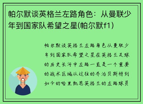 帕尔默谈英格兰左路角色：从曼联少年到国家队希望之星(帕尔默f1)