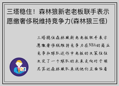 三塔稳住！森林狼新老老板联手表示愿缴奢侈税维持竞争力(森林狼三怪)