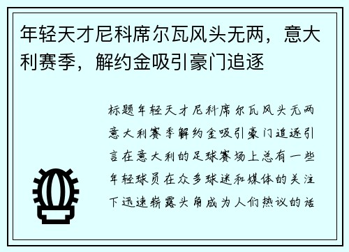 年轻天才尼科席尔瓦风头无两，意大利赛季，解约金吸引豪门追逐