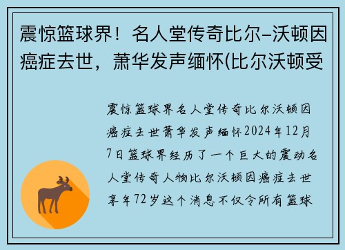 震惊篮球界！名人堂传奇比尔-沃顿因癌症去世，萧华发声缅怀(比尔沃顿受了什么伤)