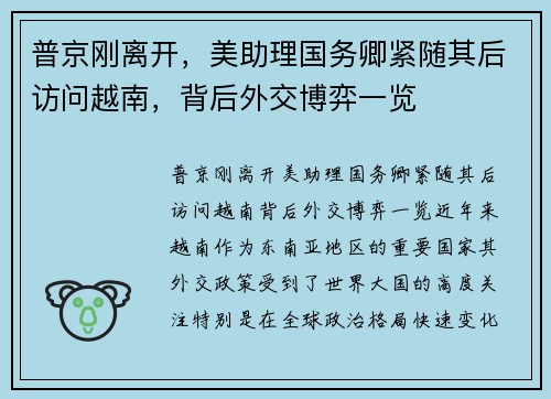 普京刚离开，美助理国务卿紧随其后访问越南，背后外交博弈一览