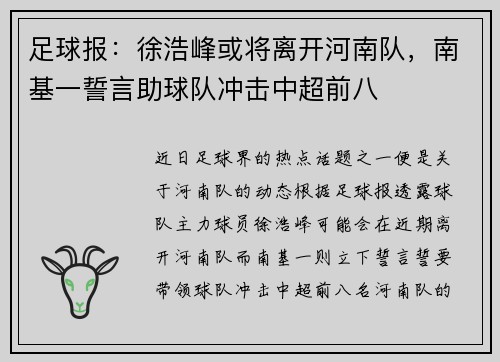 足球报：徐浩峰或将离开河南队，南基一誓言助球队冲击中超前八