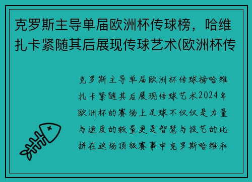 克罗斯主导单届欧洲杯传球榜，哈维扎卡紧随其后展现传球艺术(欧洲杯传奇球星)