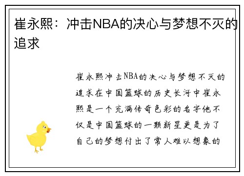 崔永熙：冲击NBA的决心与梦想不灭的追求