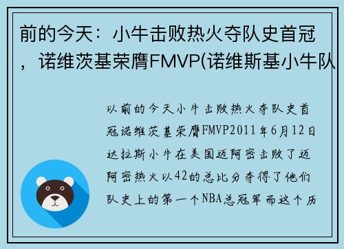 前的今天:小牛击败热火夺队史首冠,诺维茨基荣膺FMVP(诺维斯基小牛队友)