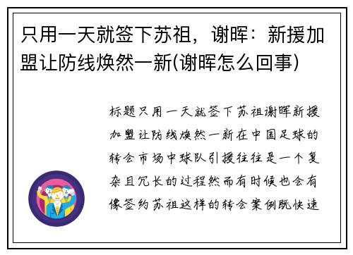 只用一天就签下苏祖,谢晖:新援加盟让防线焕然一新(谢晖怎么回事)