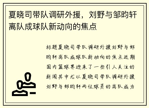 夏晓司带队调研外援,刘野与邹昀轩离队成球队新动向的焦点